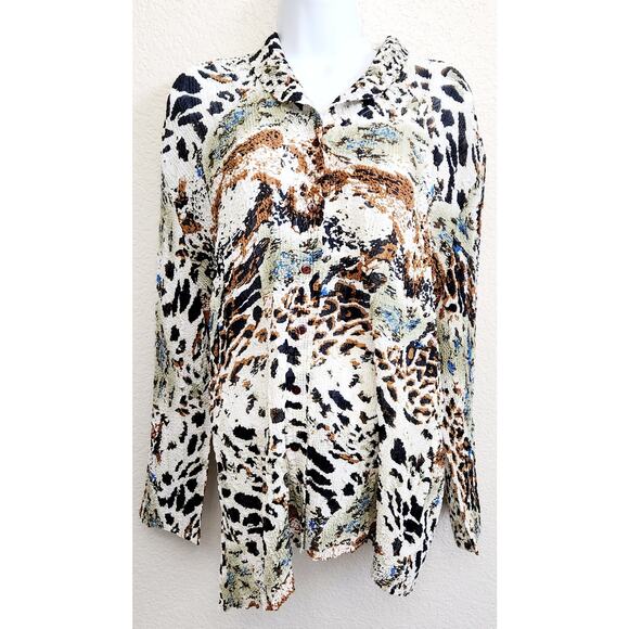 Black Brown Blue Animal Print Crinkle Material Button Up Top L XL Lightweight - Picture 1 of 4